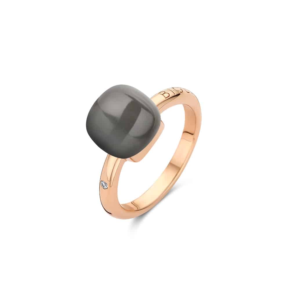 18kt rose golden Mini Sweety ring with grey moonstone and mother of pearl, finished with our 0.02ct signature diamond