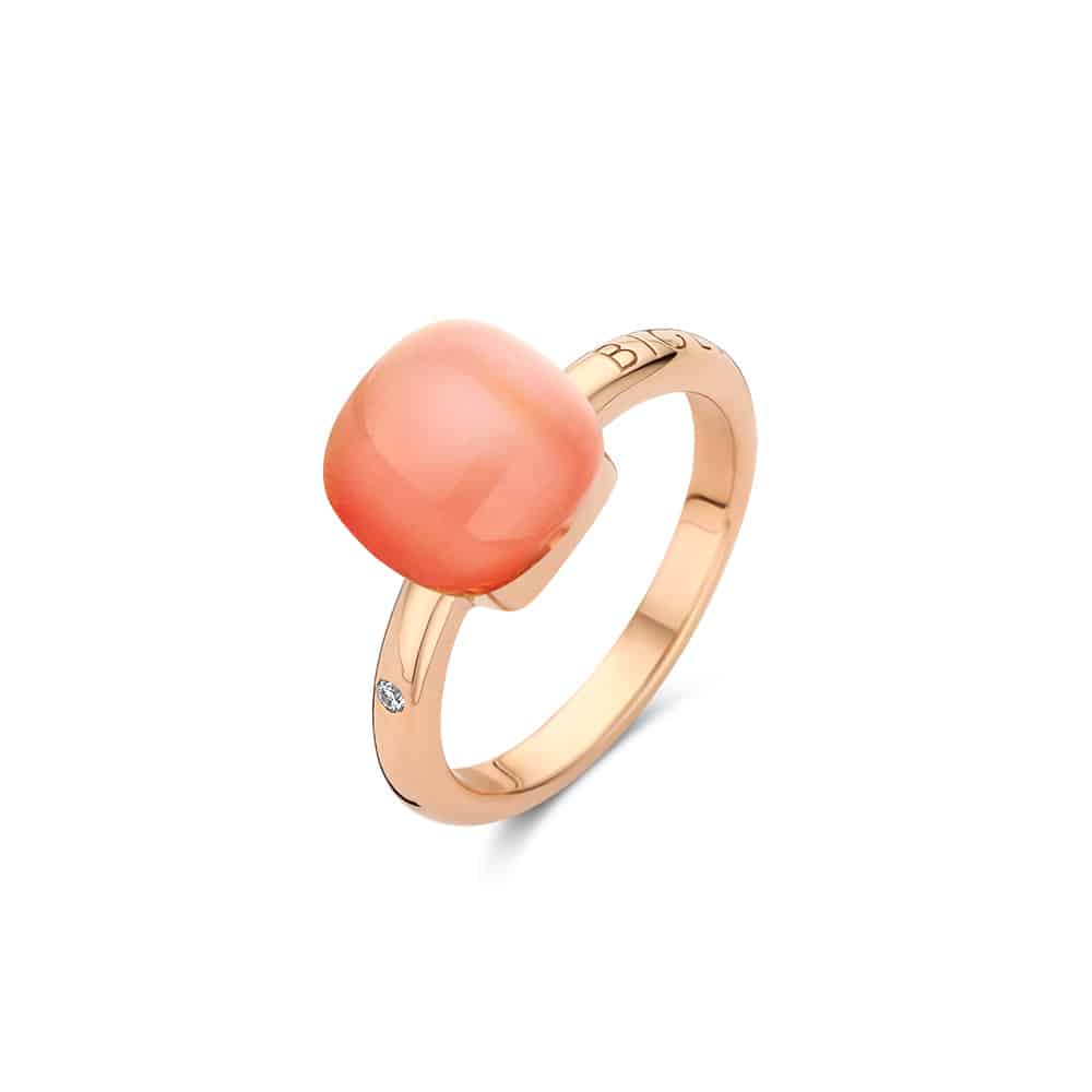 18kt rose golden Mini Sweety ring with orange moonstone and mother of pearl, finished with our 0.02ct signature diamond