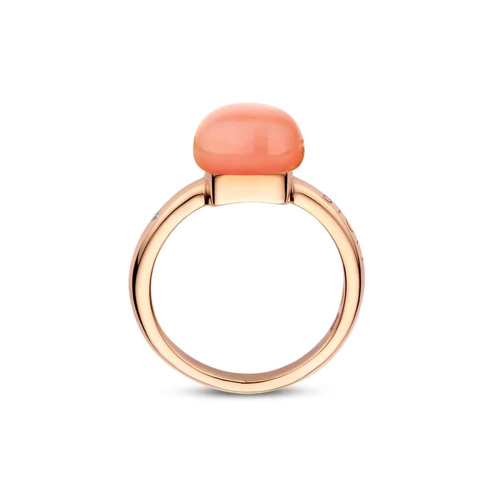 18kt rose golden Mini Sweety ring with orange moonstone and mother of pearl, finished with our 0.02ct signature diamond