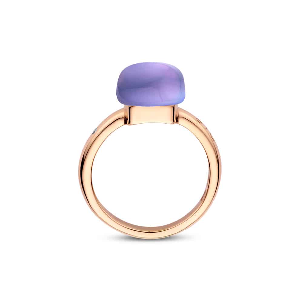 18kt rose golden Mini Sweety ring with amethyst and mother of pearl, finished with our 0.02ct signature diamond