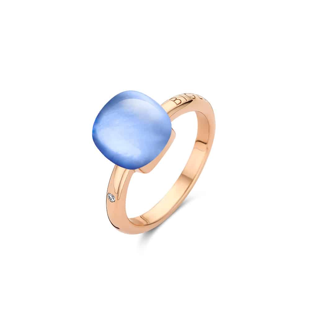18kt rose golden Mini Sweety ring withrock crystal and mother of pearl, finished with our 0.02ct signature diamond