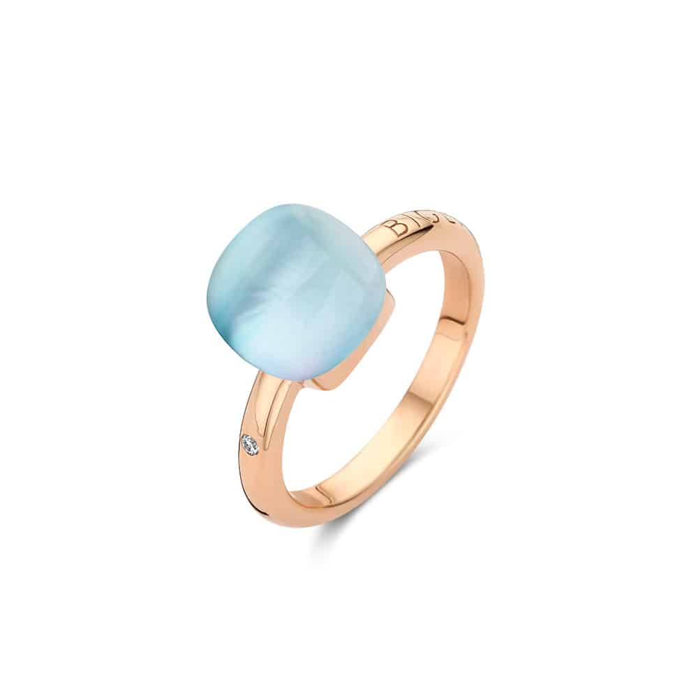 18kt rose golden Mini Sweety ring with rock crystals and mother of pearl, finished with our 0.02ct signature diamond