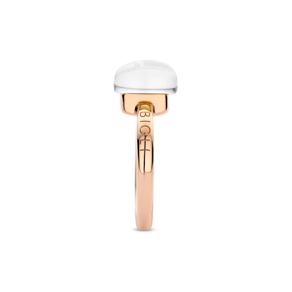 18kt rose golden Mini Sweety ring withrock crystal and mother of pearl, finished with our 0.02ct signature diamond