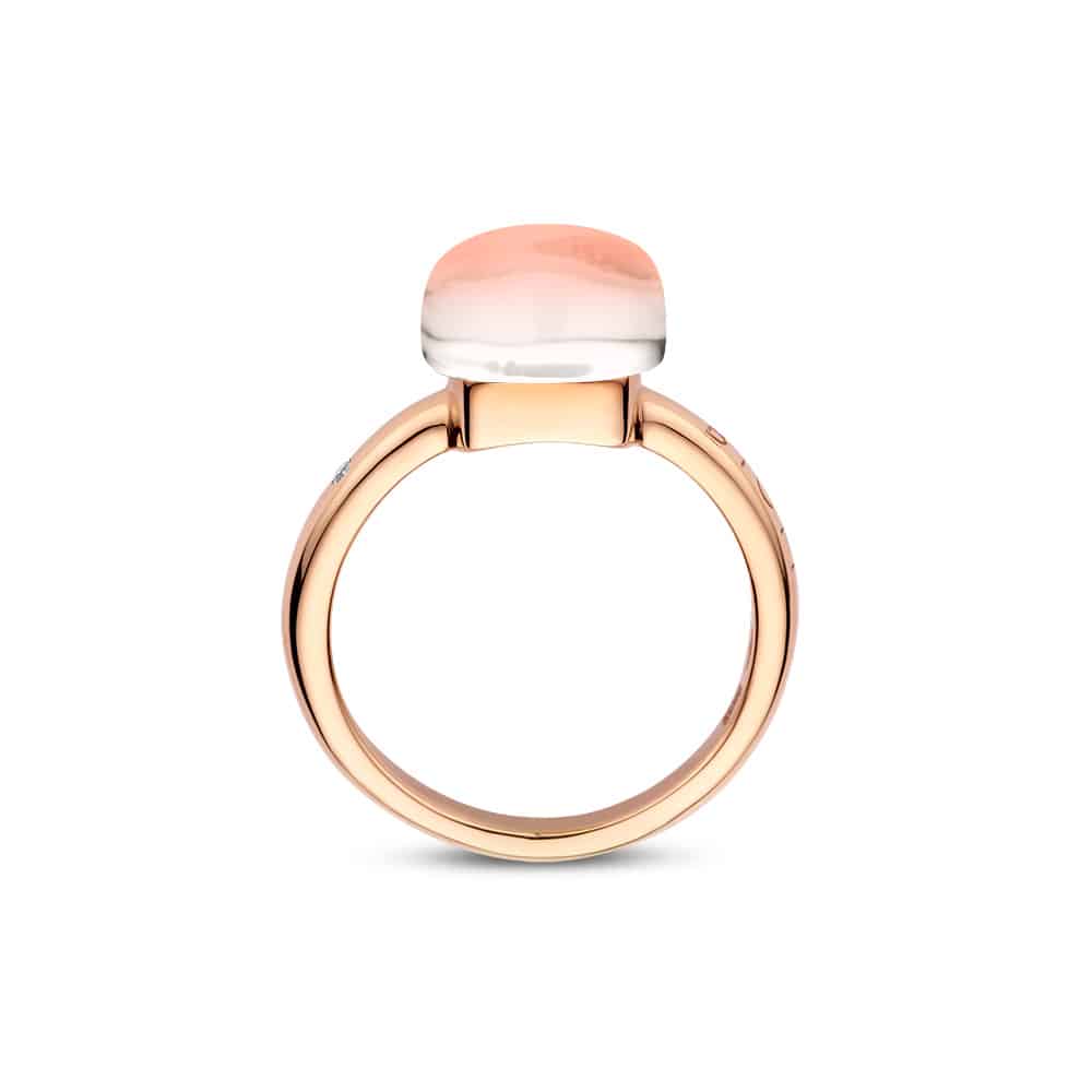 18kt rose golden Mini Sweety ring with rock crystal and coral, finished with our 0.02ct signature diamond