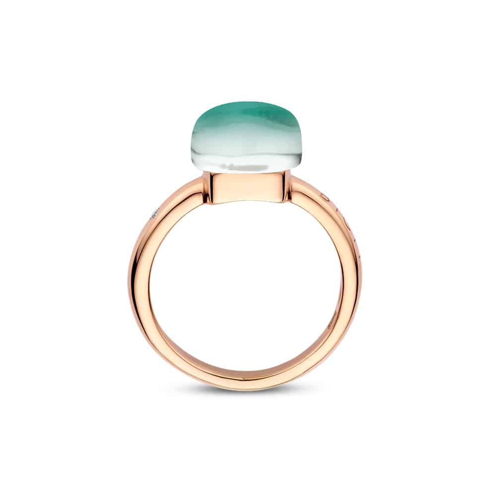 18kt rose golden Mini Sweety ring with rock crystal and emerald, finished with our 0.02ct signature diamond
