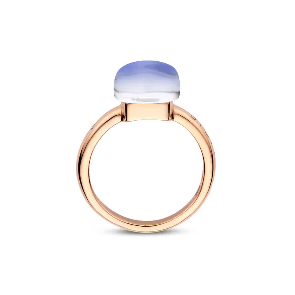 18kt rose golden Mini Sweety ring with rock crystal and blue sapphire, finished with our 0.02ct signature diamond