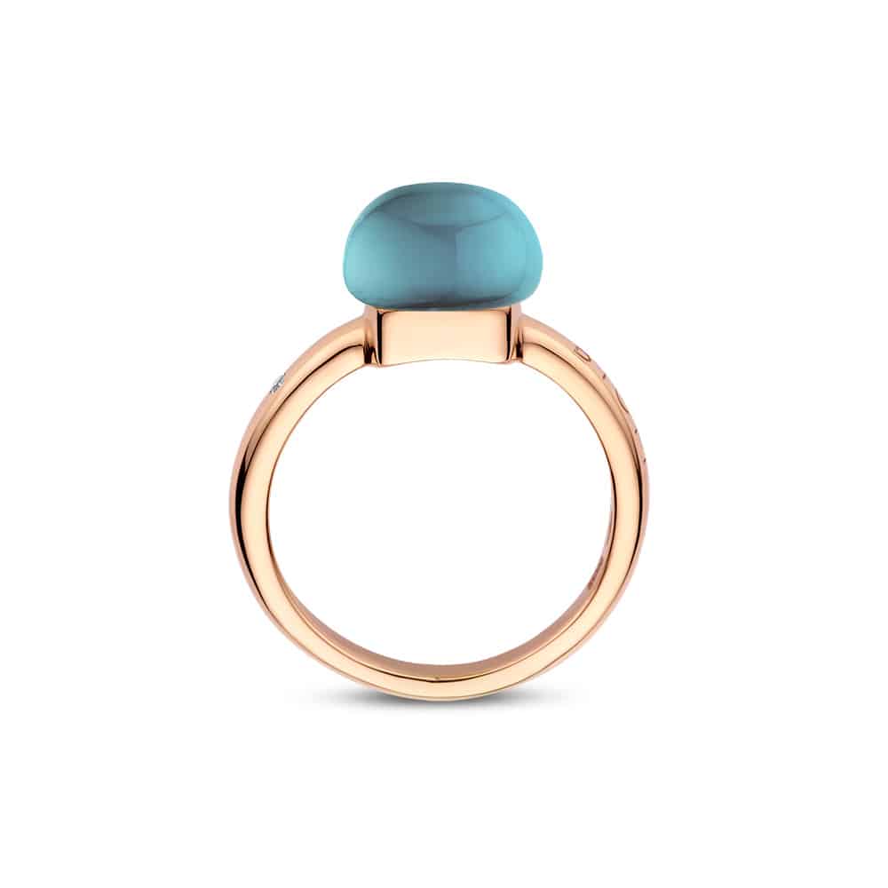 18kt rose golden Mini Sweety ring with london blue topaz and mother of pearl, finished with our 0.02ct signature diamond