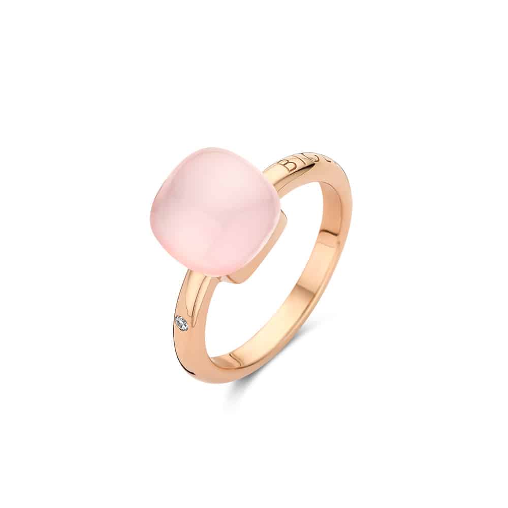 18kt rose golden Mini Sweety ring with pink quartz and mother of pearl, finished with our 0.02ct signature diamond