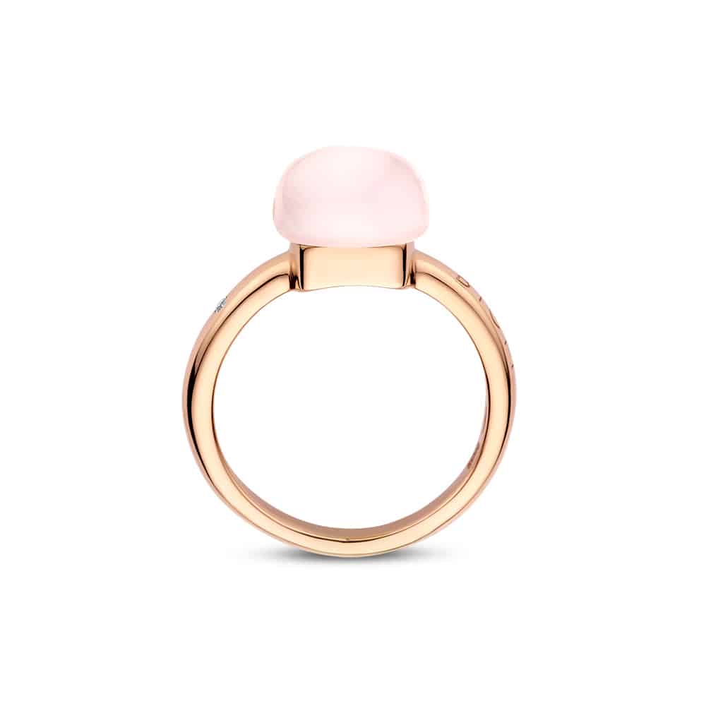18kt rose golden Mini Sweety ring with pink quartz and mother of pearl, finished with our 0.02ct signature diamond