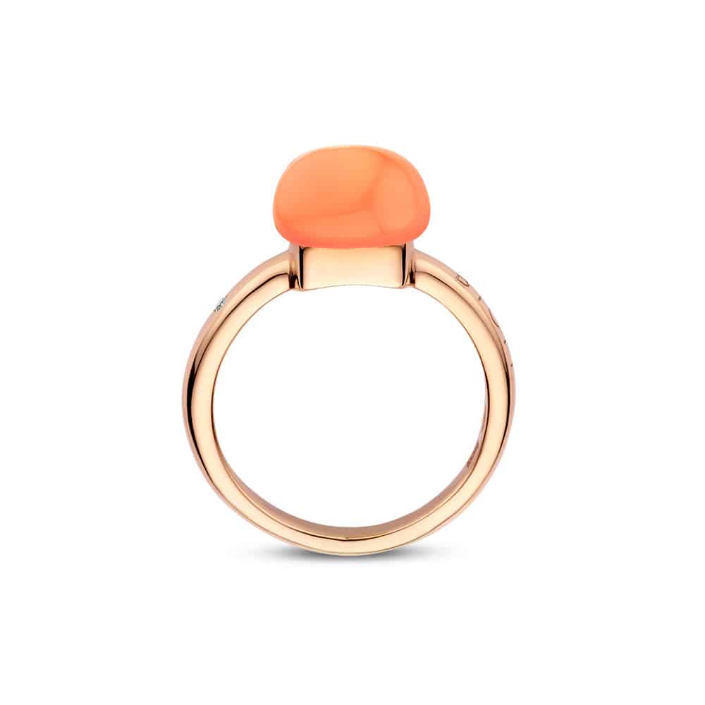 18kt rose golden Mini Sweety ring withmilky quartz and coral, finished with our 0.02ct signature diamond
