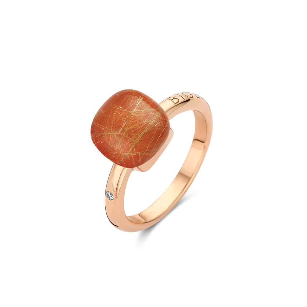 18kt rose golden Mini Sweety ring with rutile quartz and orange agate, finished with our 0.02ct signature diamond