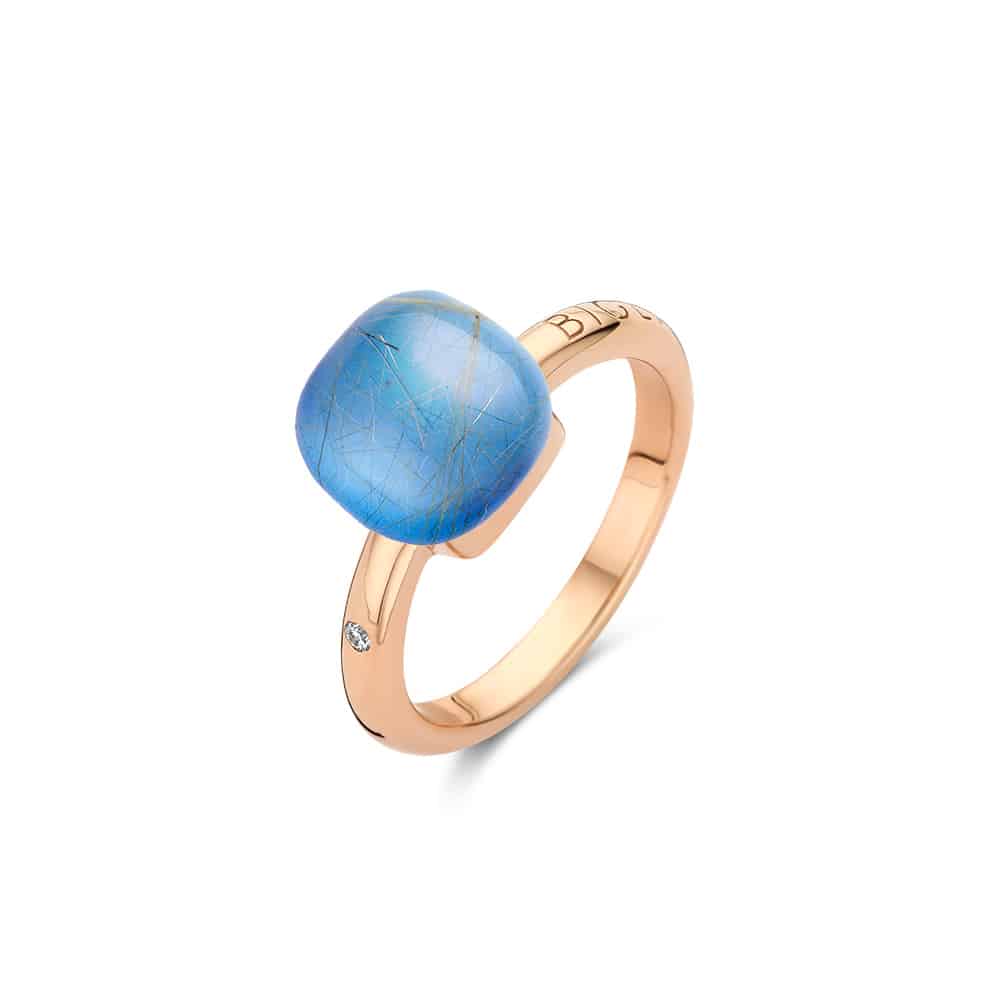 18kt rose golden Mini Sweety ring with rutile quartz and blue agate, finished with our 0.02ct signature diamond