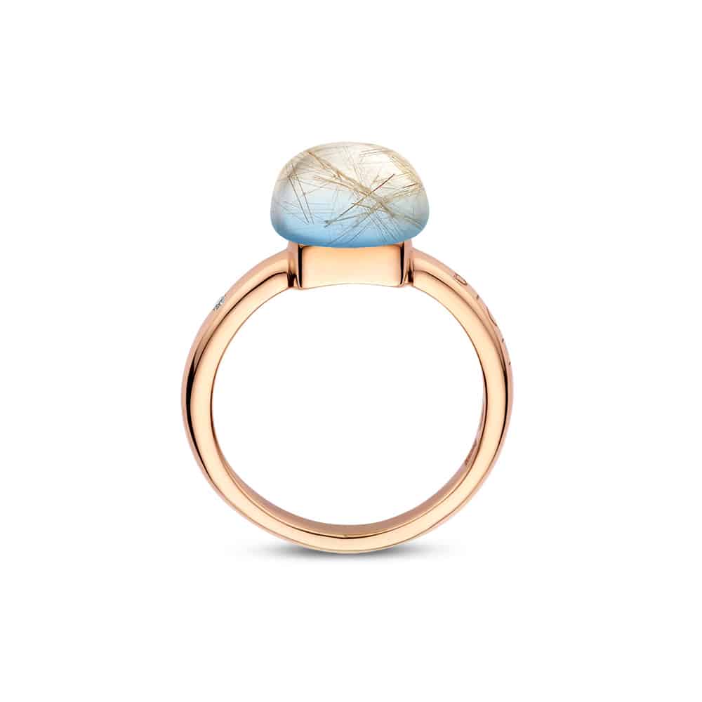 18kt rose golden Mini Sweety ring with rutile quartz and blue agate, finished with our 0.02ct signature diamond