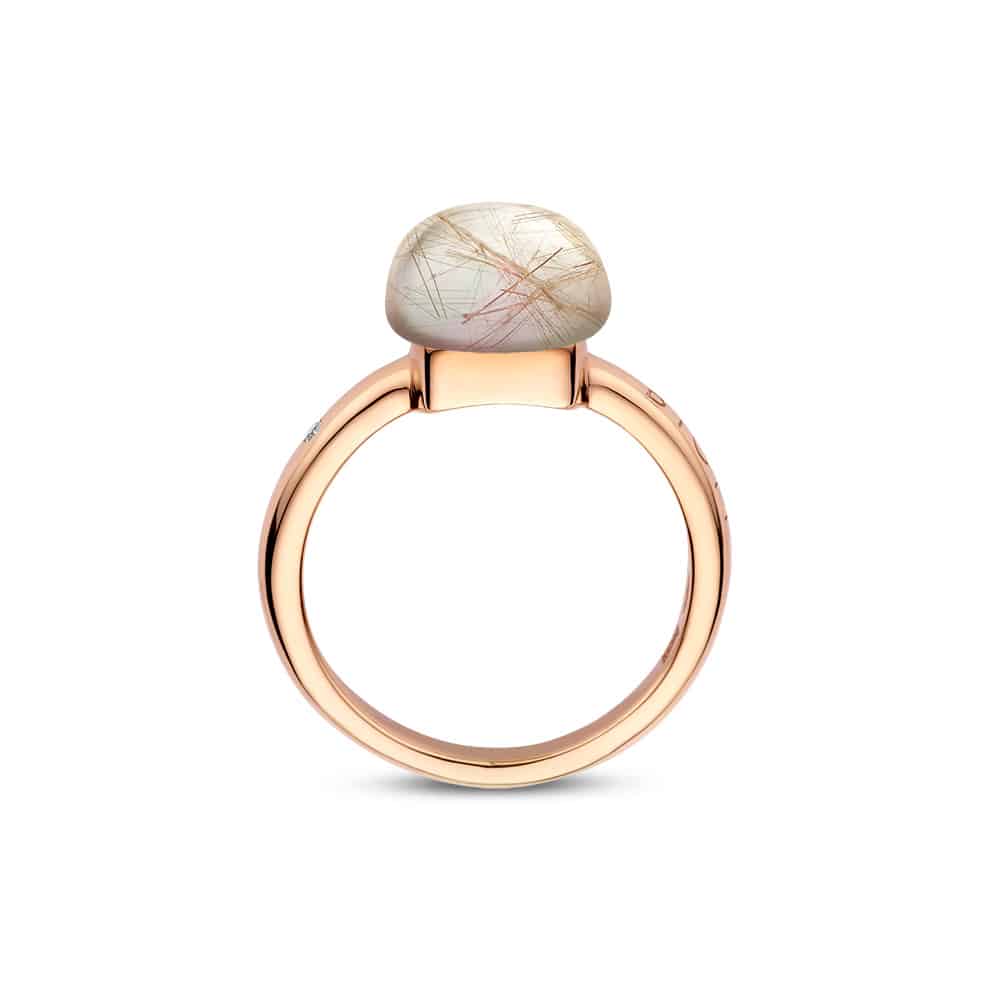 18kt rose golden Mini Sweety ring with rutile quartz and grey mother of pearl, finished with our 0.02ct signature diamond