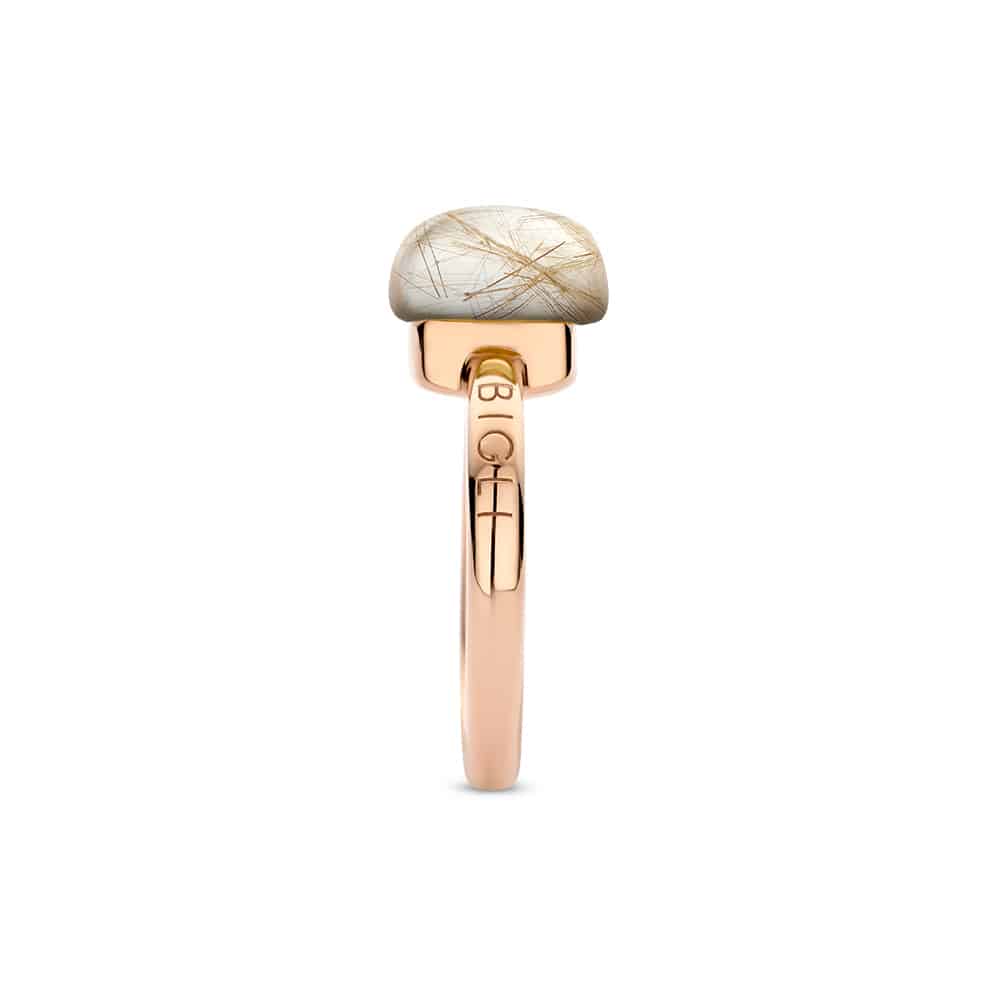 18kt rose golden Mini Sweety ring with rutile quartz and onyx, finished with our 0.02ct signature diamond