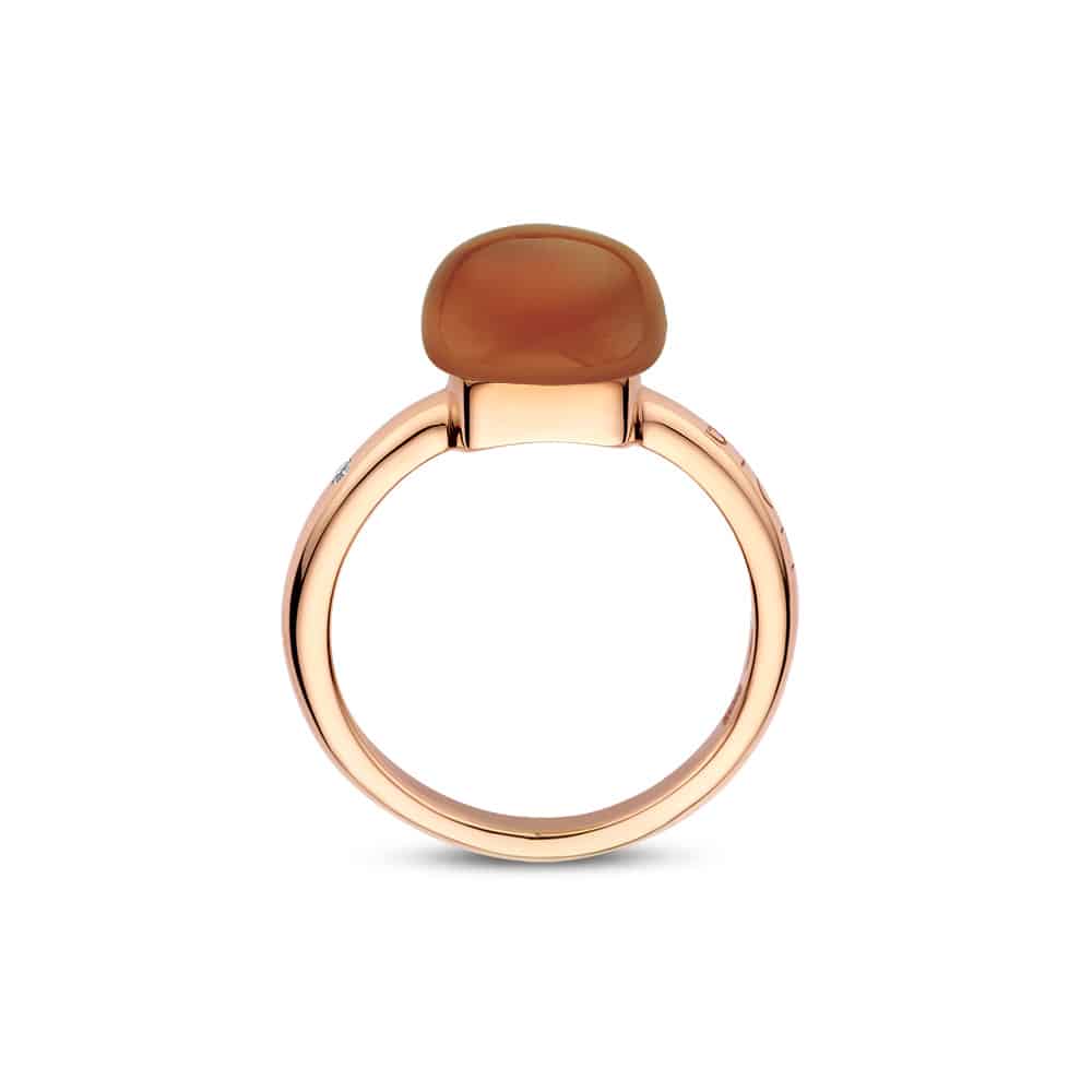 18kt rose golden Mini Sweety ring with smoky quartz and orange agate, finished with our 0.02ct signature diamond
