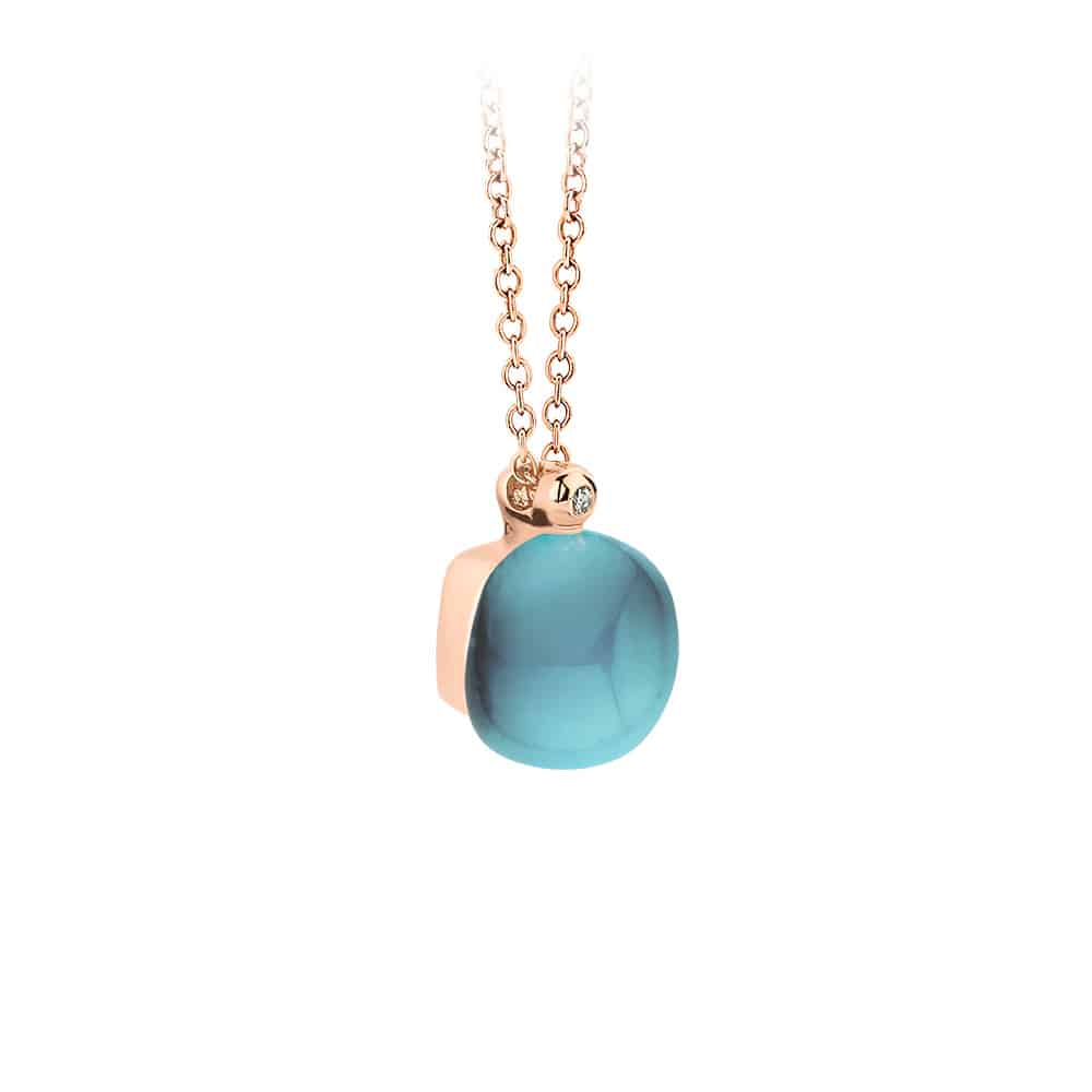 18kt rose golden Mini Sweety pendant with london blue topaz and mother of pearl, finished with our 0,01ct signature diamond