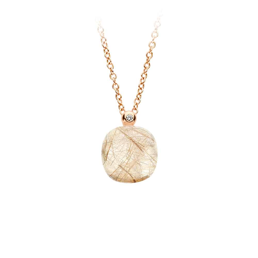 18kt rose golden Mini Sweety pendant with rutile quartz and mother of pearl, finished with our 0.01ct signature diamond