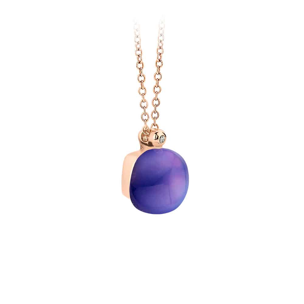 18kt rose golden Mini Sweety pendant with amethyst and mother of pearl, finished with our 0,01ct signature diamond