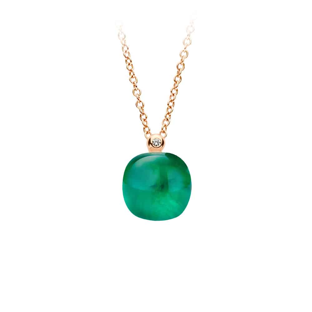 18kt rose golden Mini Sweety pendant with rock crystal and emerald, finished with our 0,01ct signature diamond