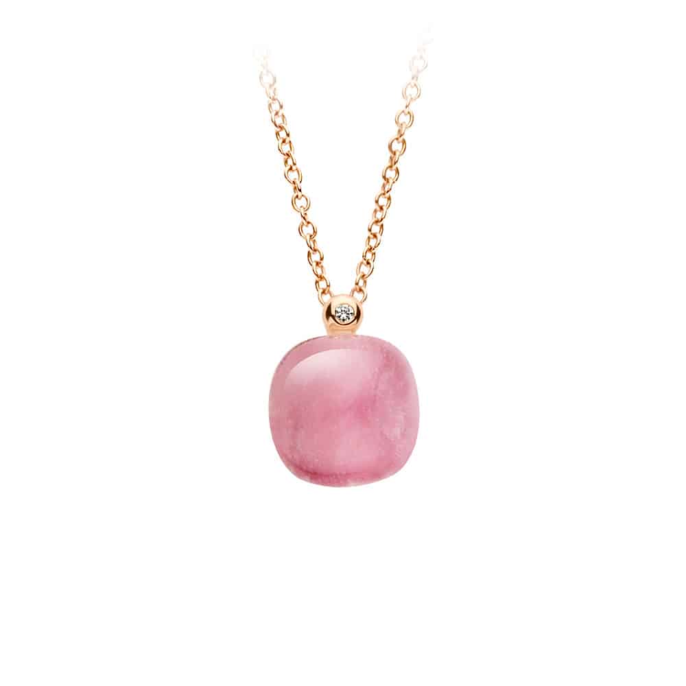 18kt rose golden Mini Sweety pendant with pink quartz and ruby, finished with our 0.01ct signature diamond