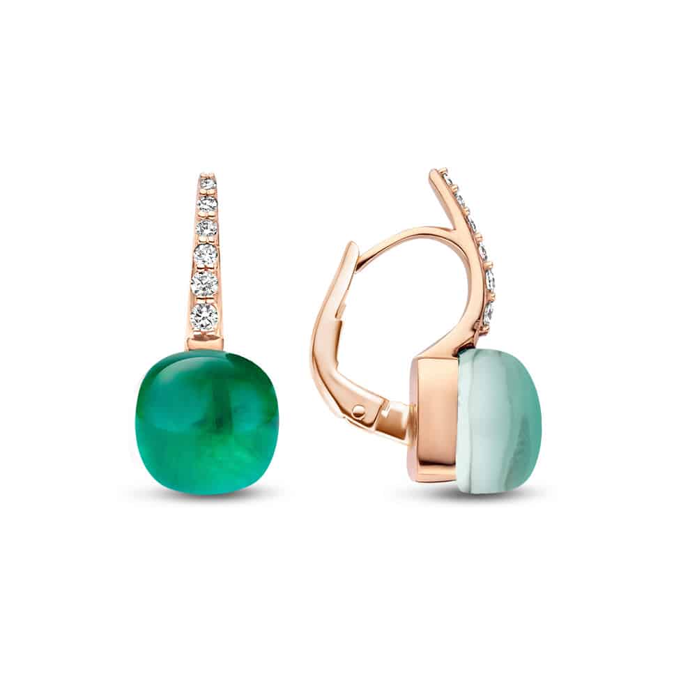 18kt rose golden Mini Sweety earrings with rock crystal and emerald, set with 0,2ct white diamond