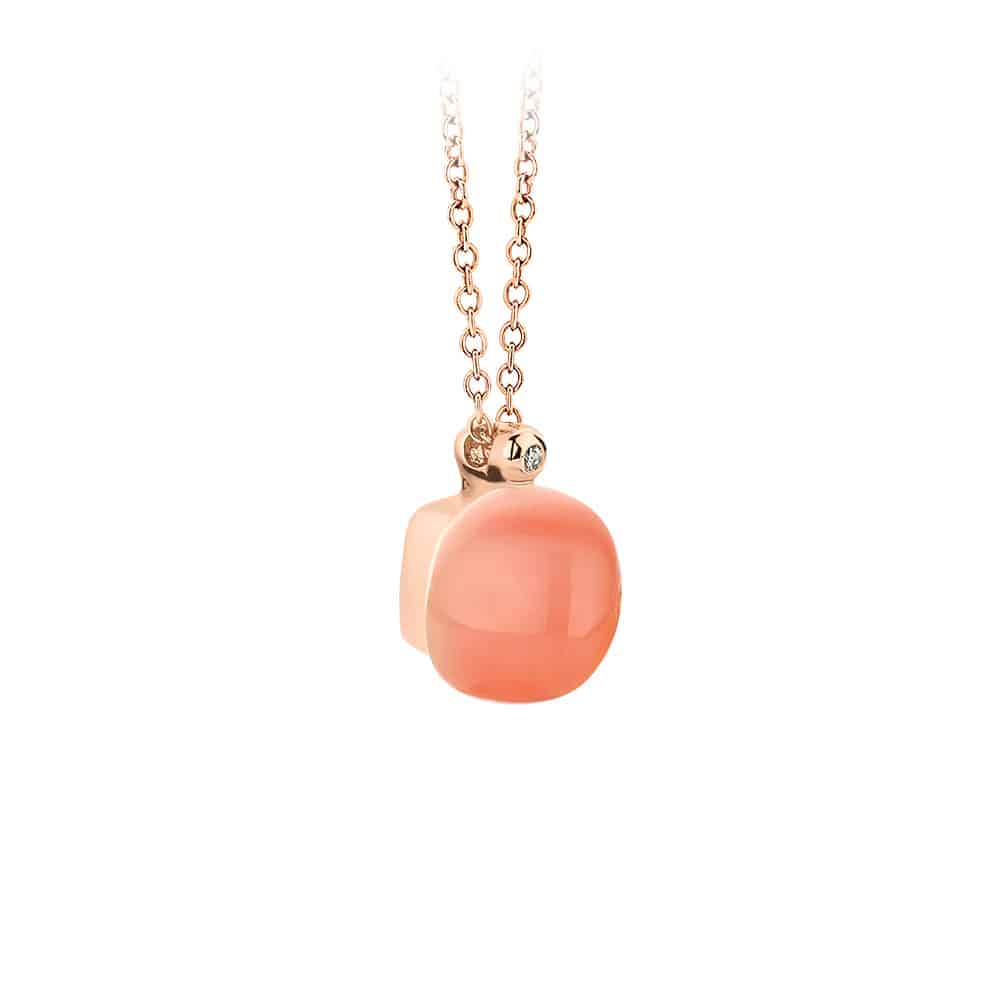 18kt rose golden Mini Sweety pendant with orange moonstone and mother of pearl, finished with our 0,01ct signature diamond