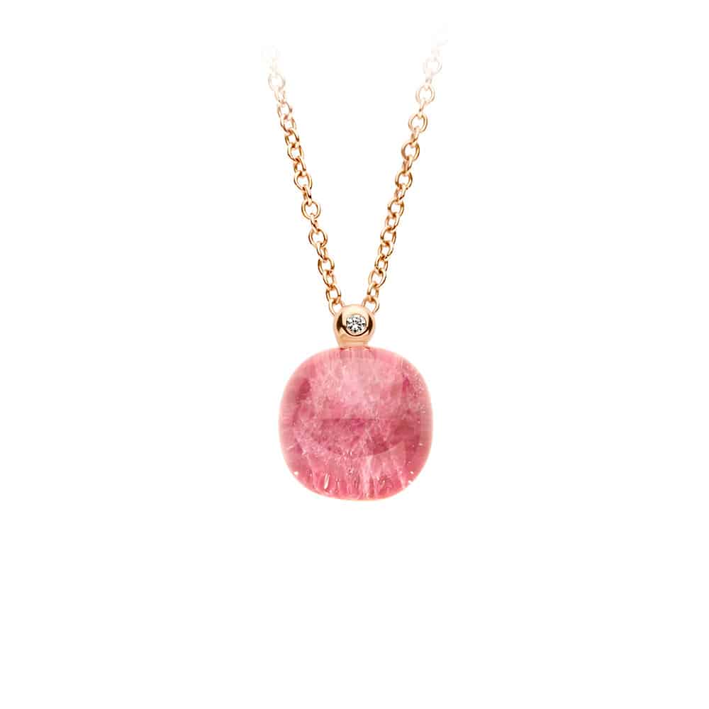 18kt rose golden Mini Sweety pendant with rock crystal and ruby, finished with our 0,01ct signature diamond