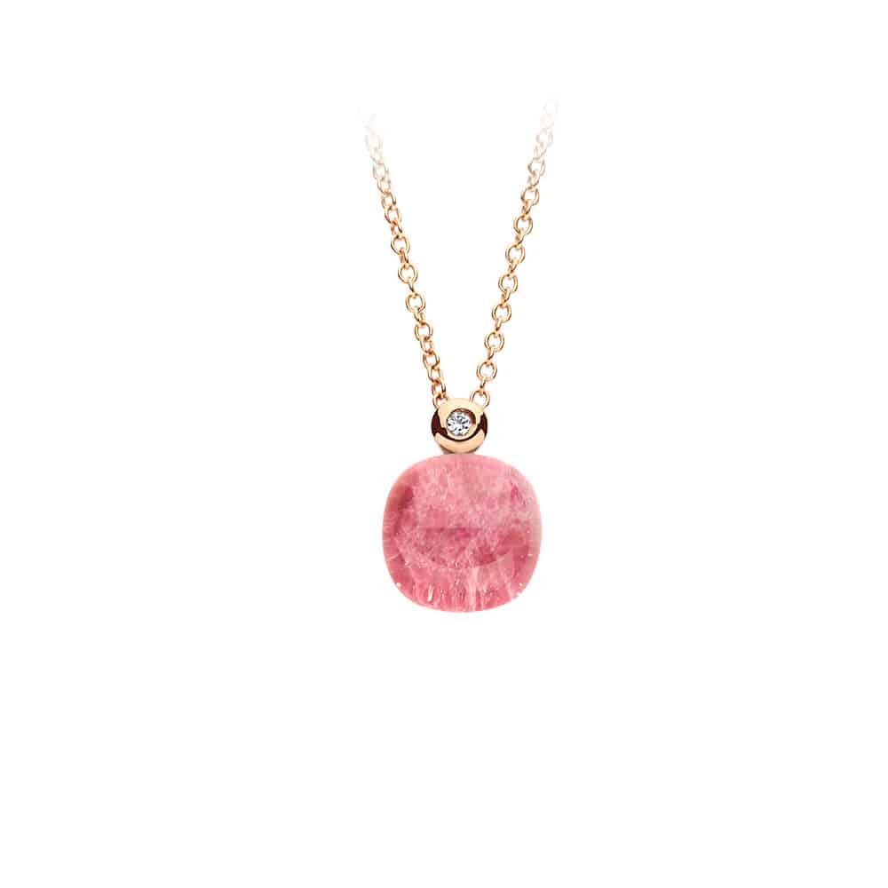 18kt rose golden Mini Sweety pendant piccolo with rock crystal and ruby, finished with our 0,01ct signature diamond
