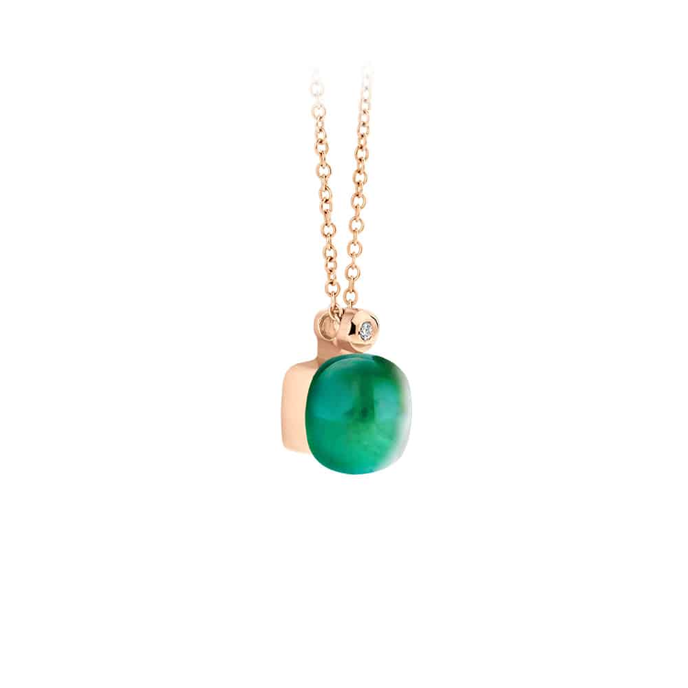 18kt rose golden Mini Sweety pendant piccolo with rock crystal and emerald, finished with our 0,01ct signature diamond