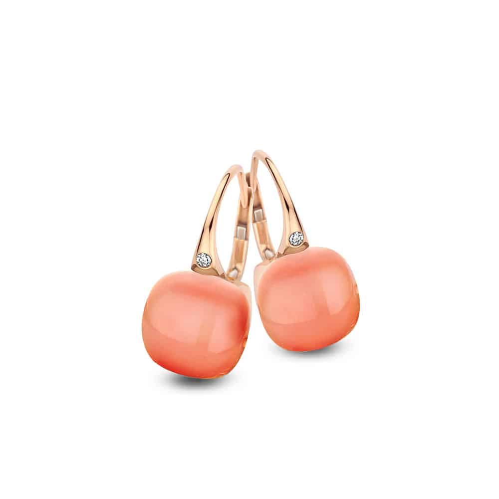 18kt rose golden Mini Sweety earrings with orange moonstone and mother of pearl, finished with our 0,02ct signature diamond