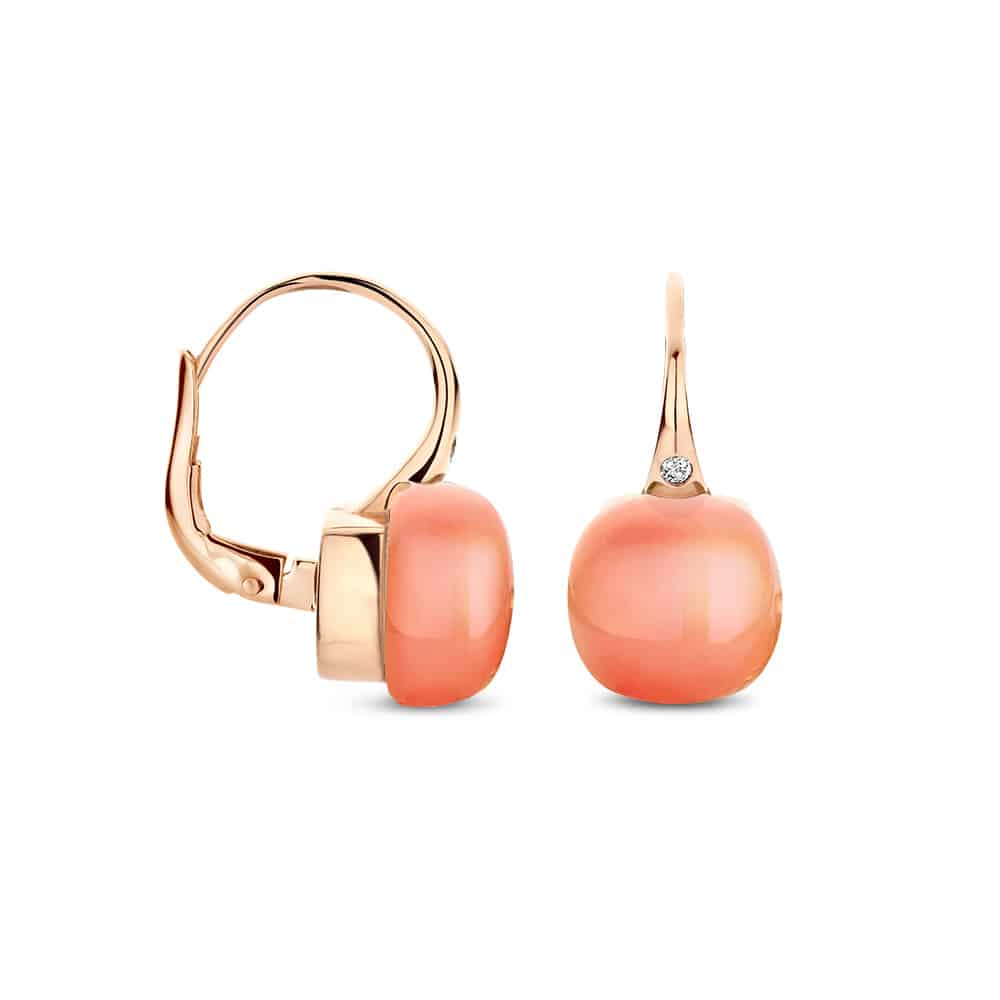 18kt rose golden Mini Sweety earrings with orange moonstone and mother of pearl, finished with our 0,02ct signature diamond