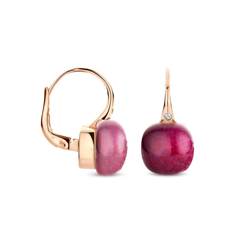 18kt rose golden Mini Sweety earrings with amethyst and ruby, finished with our 0,02ct signature diamond