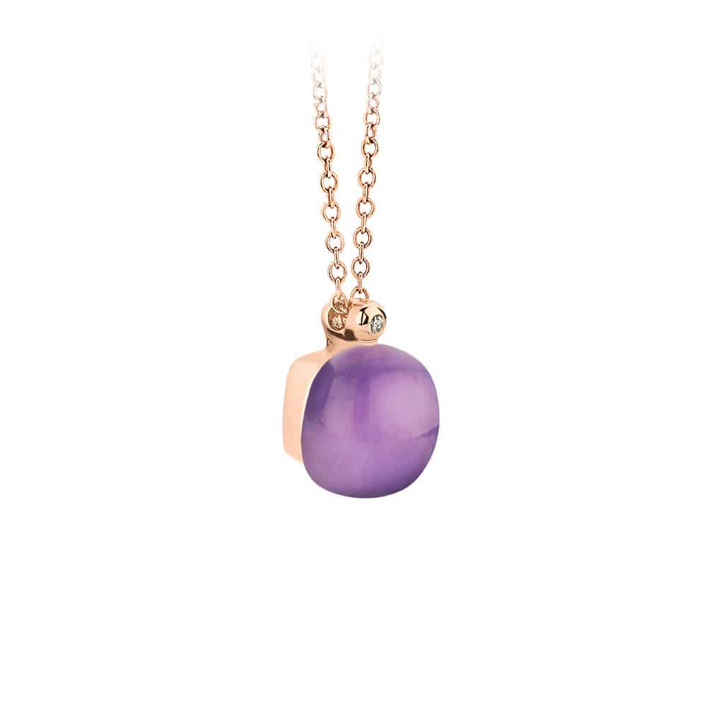 18kt rose golden Mini Sweety pendant with amethyst and mother of pearl, finished with our 0,01ct signature diamond