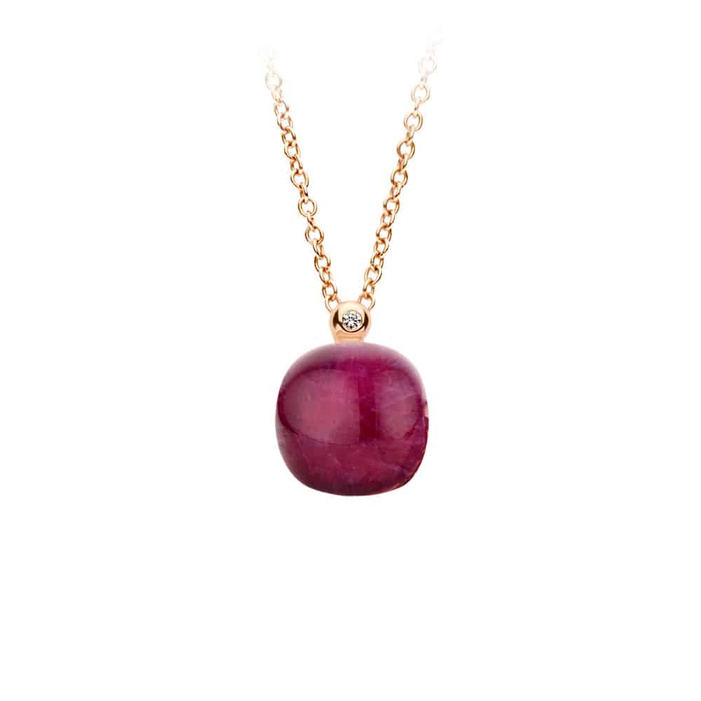 18kt rose golden Mini Sweety pendant with amethyst and ruby, finished with our 0,01ct signature diamond