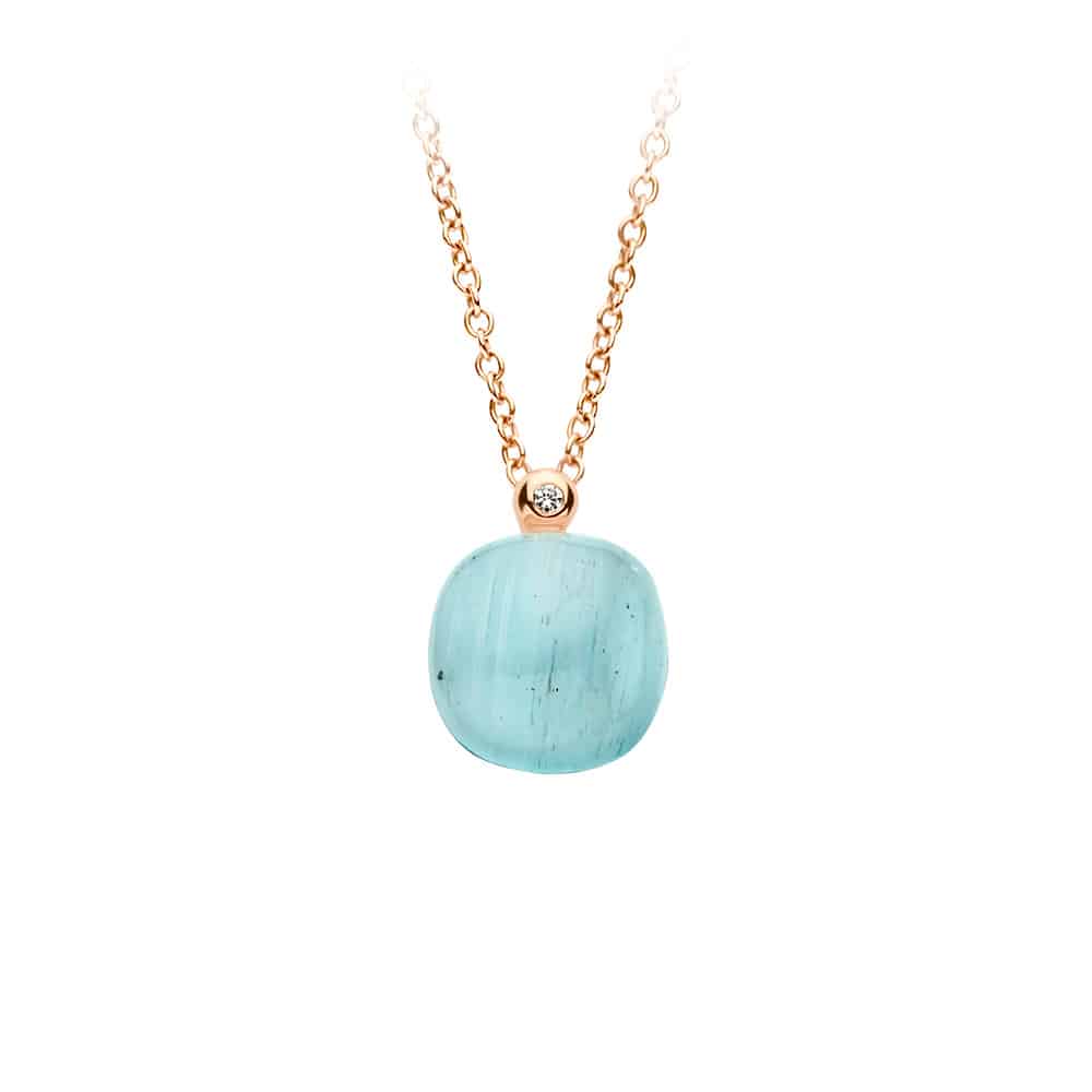 18kt rose golden Mini Sweety pendant with milky aquamarine and turquoise, finished with our 0,01ct signature diamond
