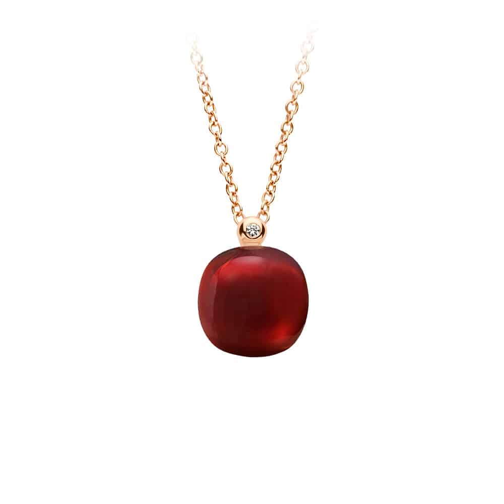 18kt rose golden Mini Sweety pendant with garnet and mother of pearl, finished with our 0,01ct signature diamond