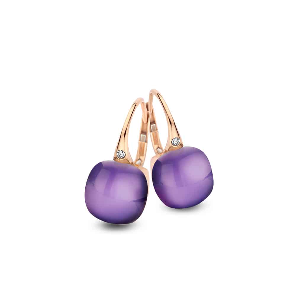 18kt rose golden Mini Sweety earrings with amethyst and mother of pearl, finished with our 0,02ct signature diamond