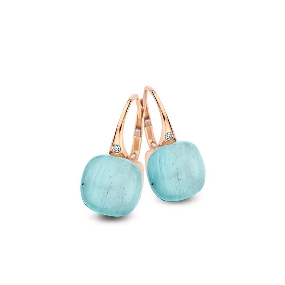 18kt rose golden Mini Sweety earrings with milky aquamarine and turquoise, finished with our 0,02ct signature diamond