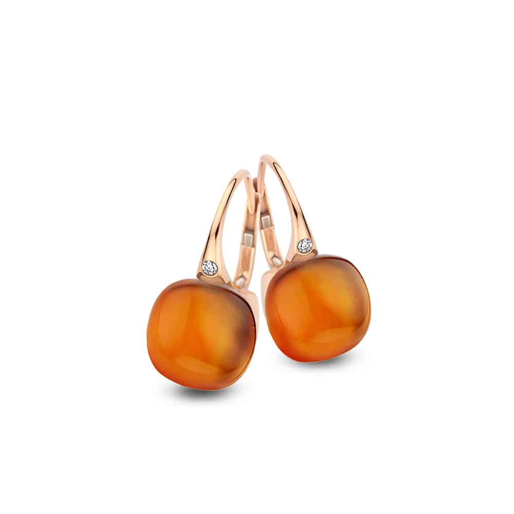 18kt rose golden Mini Sweety earrings with madeira and mother of pearl, finished with our 0,02ct signature diamond
