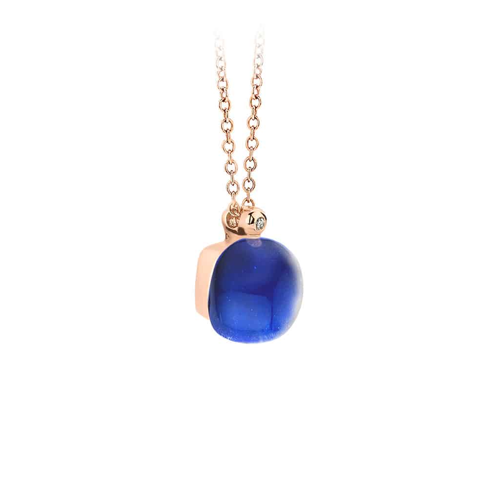 18kt rose golden Mini Sweety pendant with rock crystal and blue sapphire, finished with our 0,01ct signature diamond