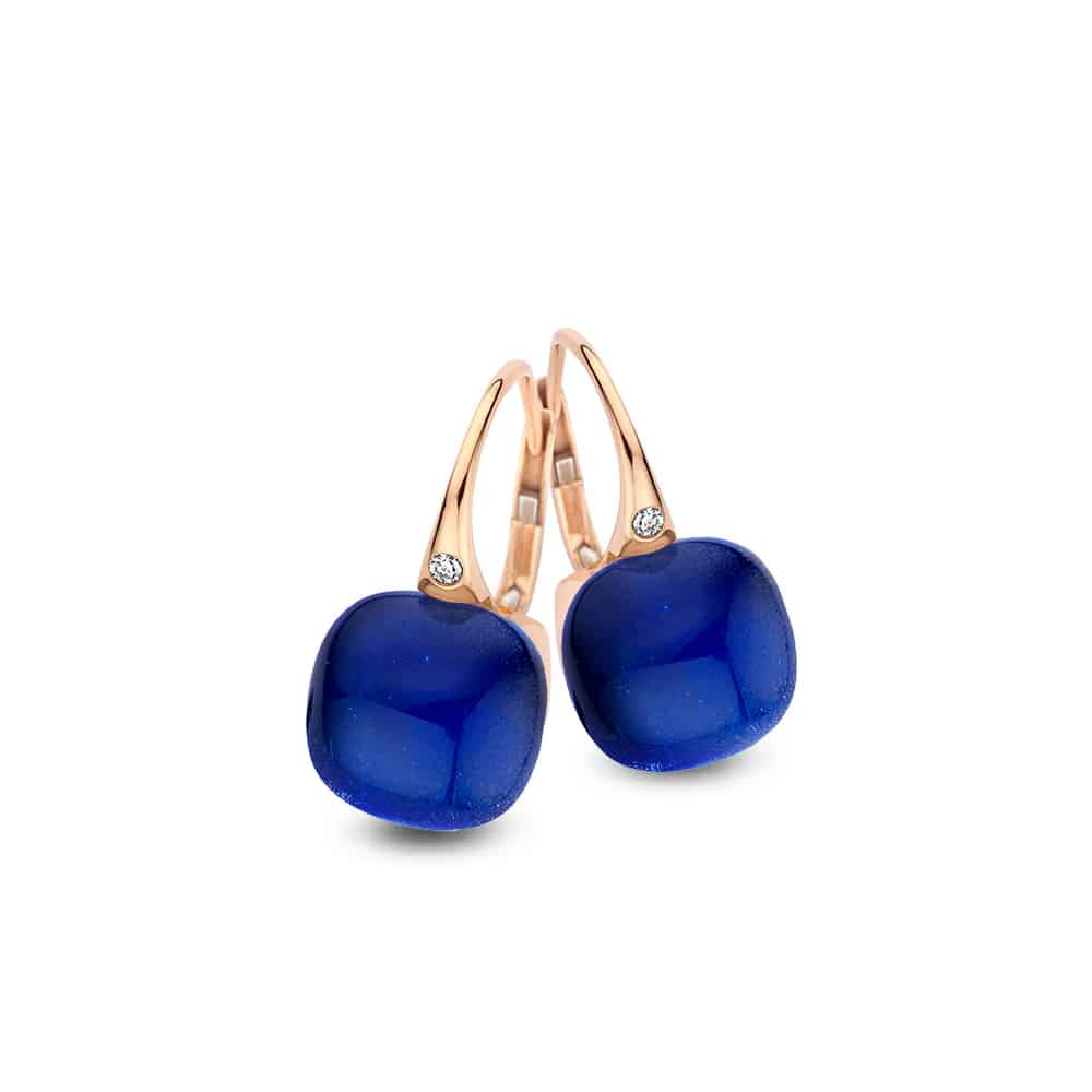 18kt rose golden Mini Sweety earrings with rock crystal and blue sapphire, finished with our 0,02ct signature diamond