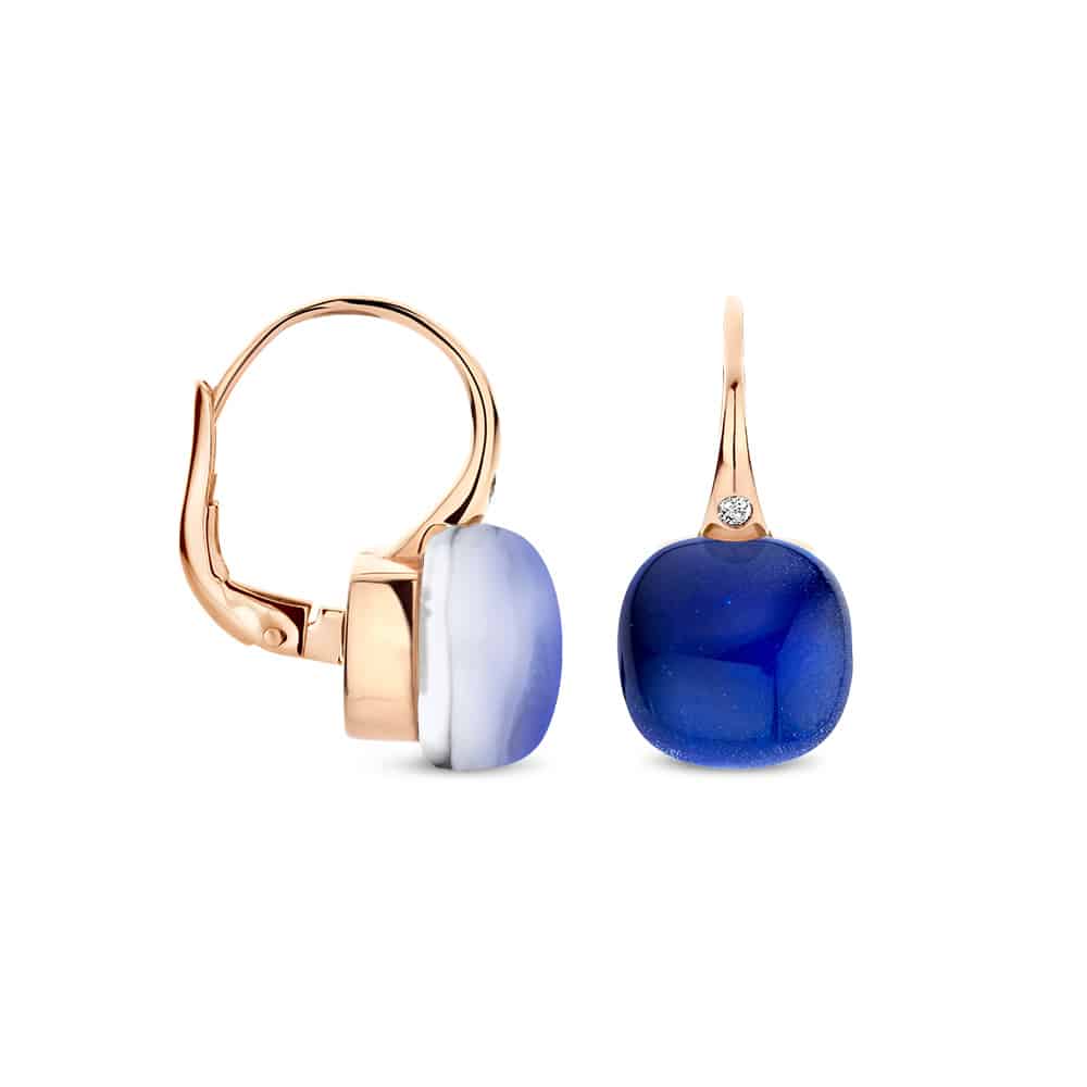 18kt rose golden Mini Sweety earrings with rock crystal and blue sapphire, finished with our 0,02ct signature diamond