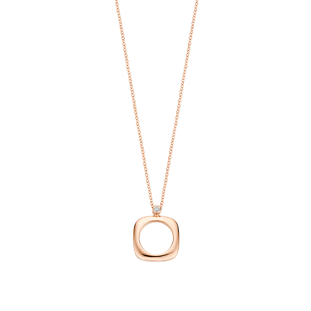 Our 18kt rose gold elements pendant, finished with a 0.02ct signature diamond, with a diameter of 15mm